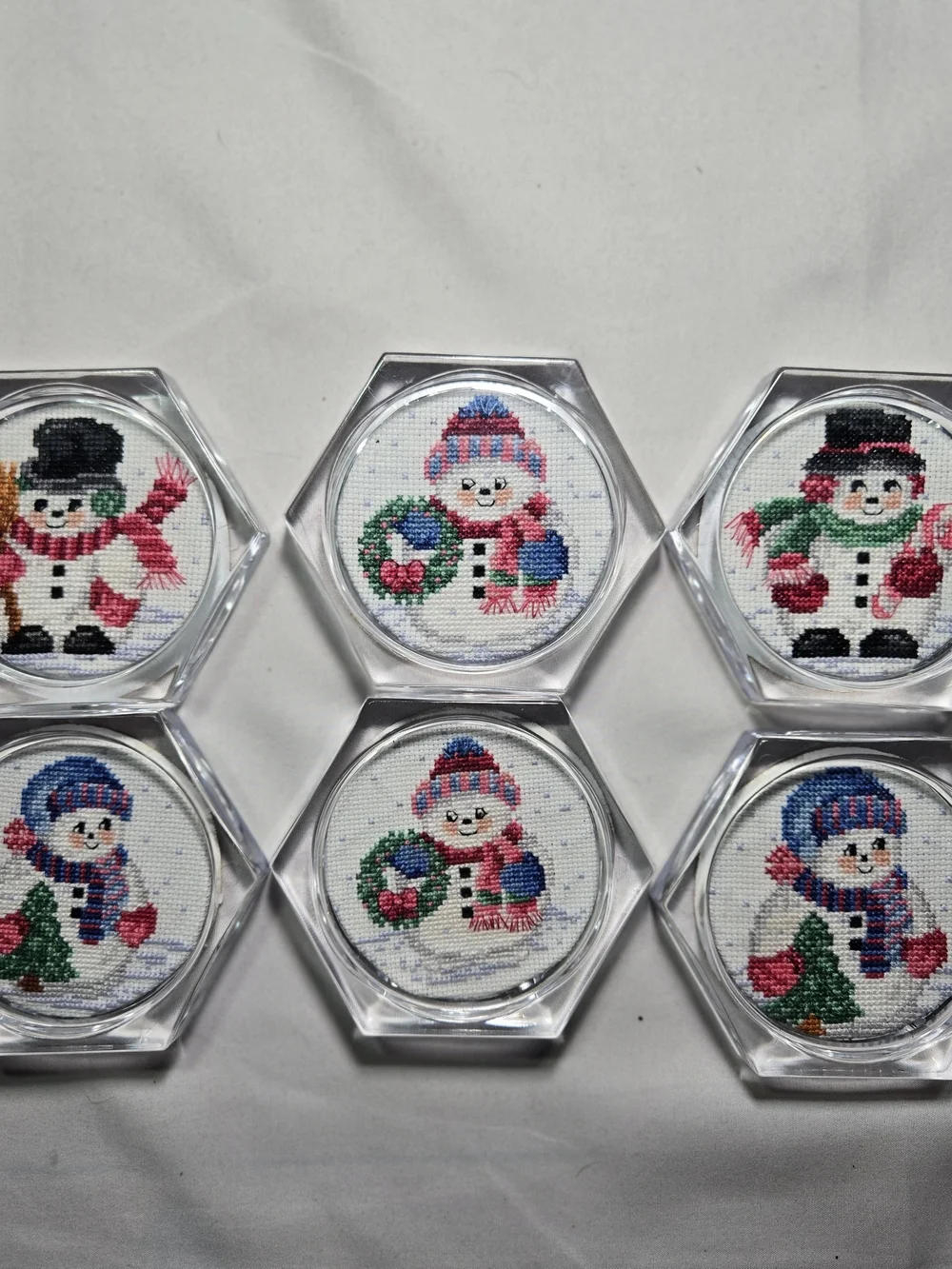 Vintage Set of 6 Clear Acrylic Hexagon Christmas Coasters Cross Stitch Cottage